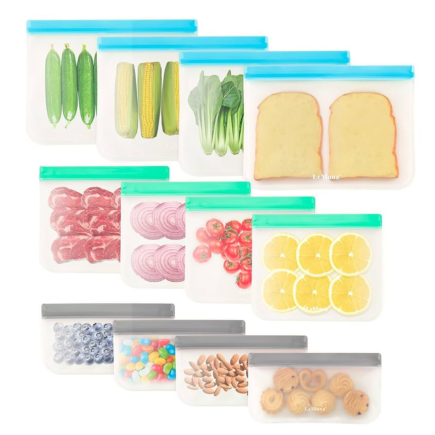 12 Pack Reusable Food Storage Bags - BPA-Free, Leakproof Food Bags - Includes 4 Gallon, 4 Sandwic... | Amazon (US)