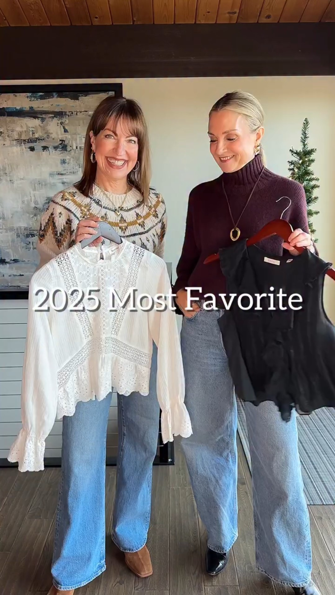 What are we wearing after Christmas?? How about some of our favorite pieces from 2025?!

Julie’s favorite outfit: the cutest ruffle blouse, the best fitting wide leg jeans, a cozy cardigan and chic kitten heel booties!

Krista’s favorite outfit: a white lace peplum blouse, straight leg denim, the softest moto jacket and cognac sock booties! 

These outfits are totally “us!” Elevated casual!!

#fashionover40 #outfitidea #winteroutfits #ootdinspo #casualchic 
Pistola denim, 7 for All Mankind, Heartloom, Sanctuary Clothing, Madewell, Doen blouse, Quince, moto jacket, booties, denim outfit

#LTKFindsUnder100 #LTKOver40 #LTKSaleAlert