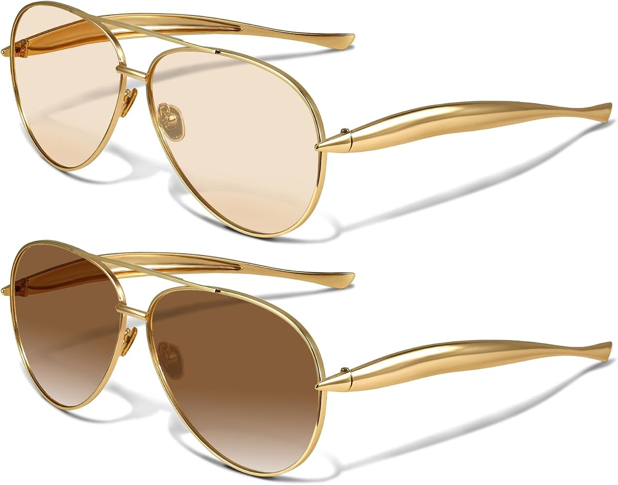 Retro Gold Aviator Sunglasses for Women Men, Metal Oversized 70s Aviators Sun Glasses | Amazon (US)