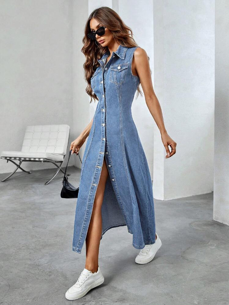 SHEIN Essnce Women Sleeveless Denim Dress, Fashionable For Summer | SHEIN