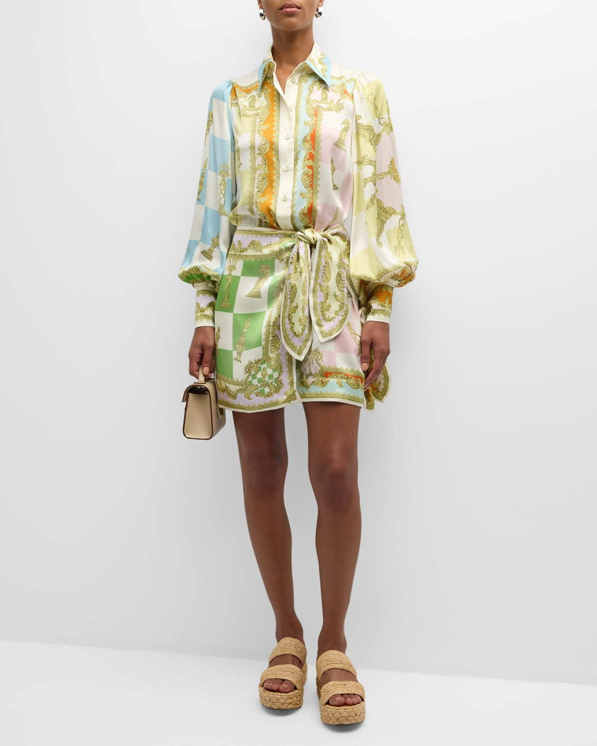 Checkmate Silk Satin Mini Wrap Shirtdress | Neiman Marcus