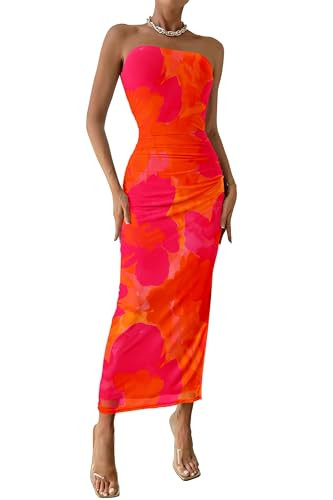 PRETTYGARDEN Women's Summer Maxi Bodycon Dresses Strapless Tube Top Printed Long Party Club Slit Dress (Orange Red Big Floral,Medium) | Amazon (US)