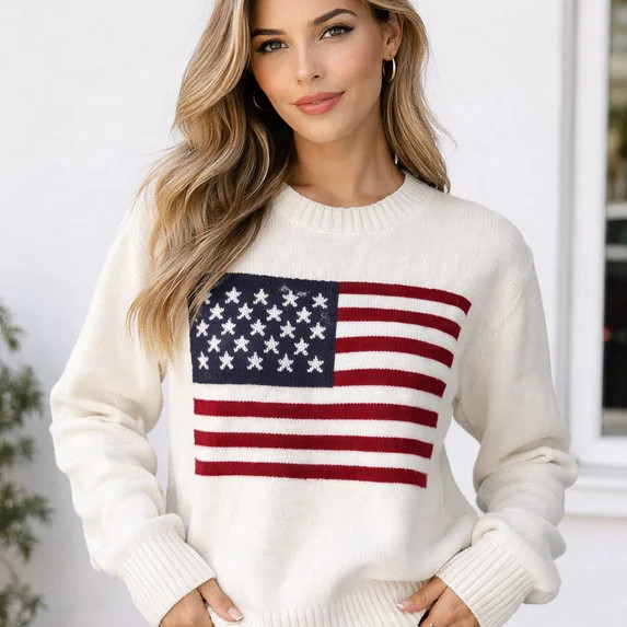 God Merch American Flag Knit Sweater Patriotic USA Pullover Long Sleeve Lightweight Round Neck Sw... | Walmart (US)