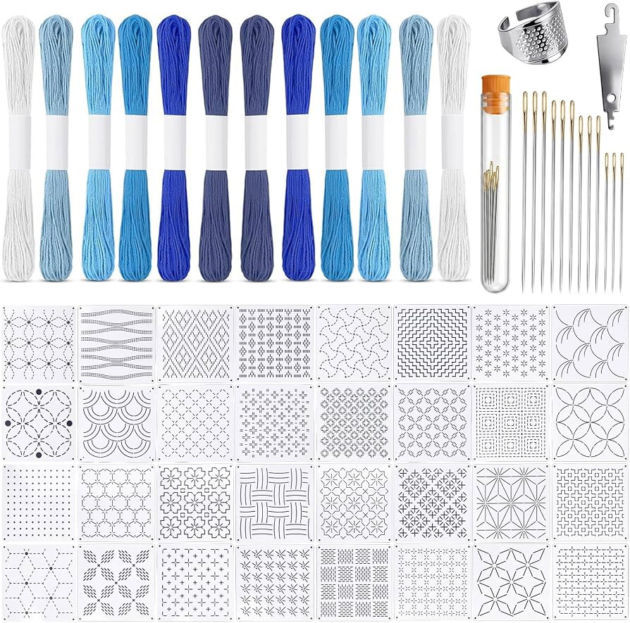 58 Pcs Sashiko Thread Kit with Plastic Sashiko Stencil, Thimble and Needles, Geometric Embroidery... | Amazon (US)