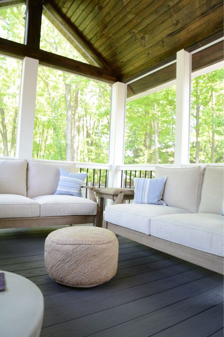 Outdoor porch decor ideas ready! Can’t wait to sit on the outdoor Ashley Clare loveseats with light wood and put our feet up on the outdoor pouf. #outdoorspace #deckfurniture 

#LTKSeasonal #LTKhome #LTKsalealert