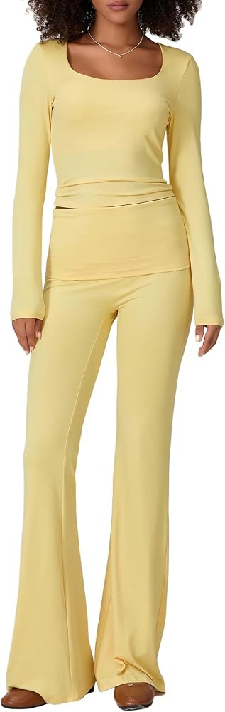 Women Crop Top Legging Set Long Sleeve Square Neck Shirt Elastic Waist Pant 2 Piece Set Solid Mat... | Amazon (US)