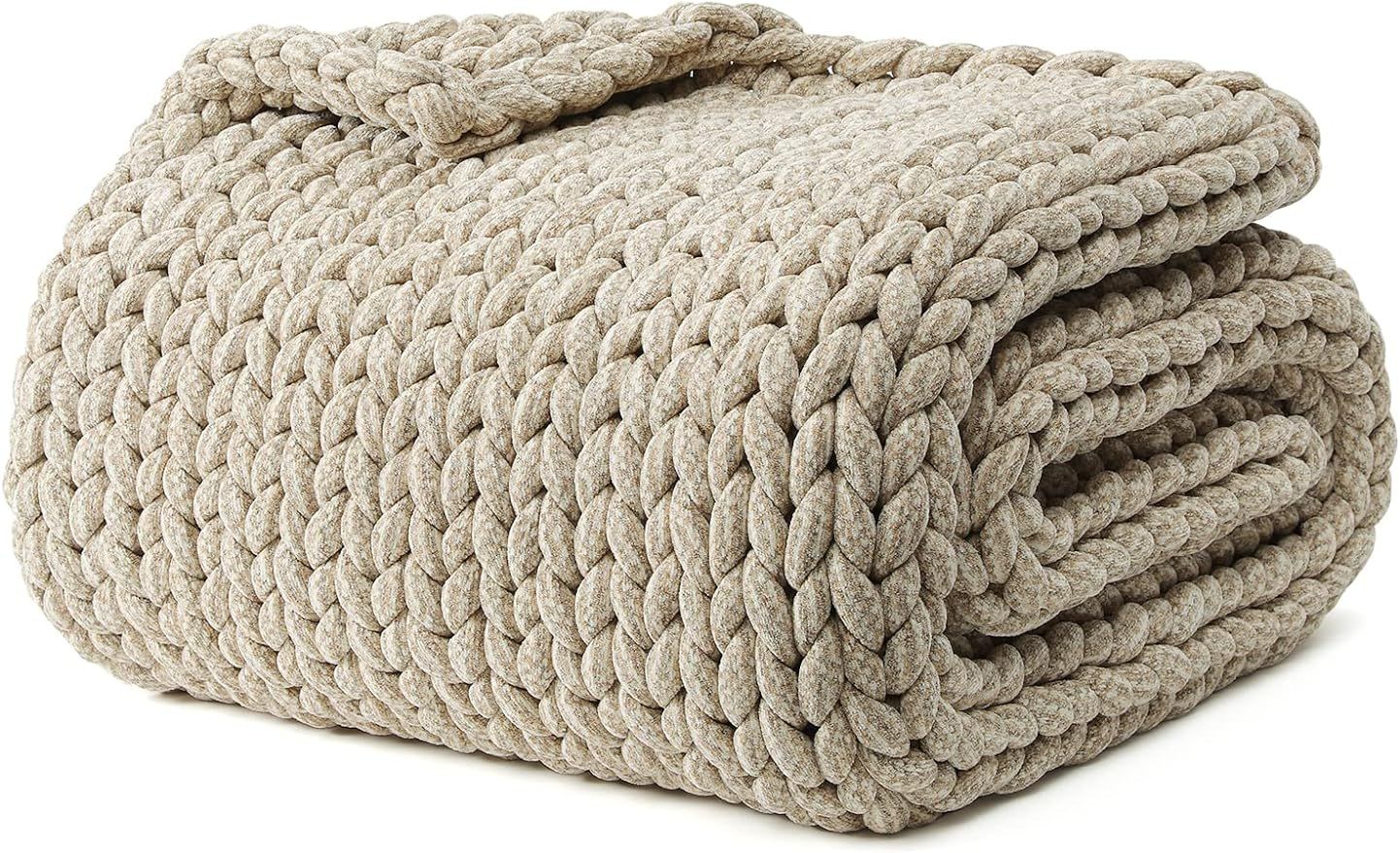 YnM Chenille Weighted Blanket, Handmade Chunky Knitted Design, Soft and Cozy, Temperature Regulating and Breathable, Machine Washable Throw for Sleep or Home Decor (Beige, 60x80 Inch, 15lbs) | Amazon (US)
