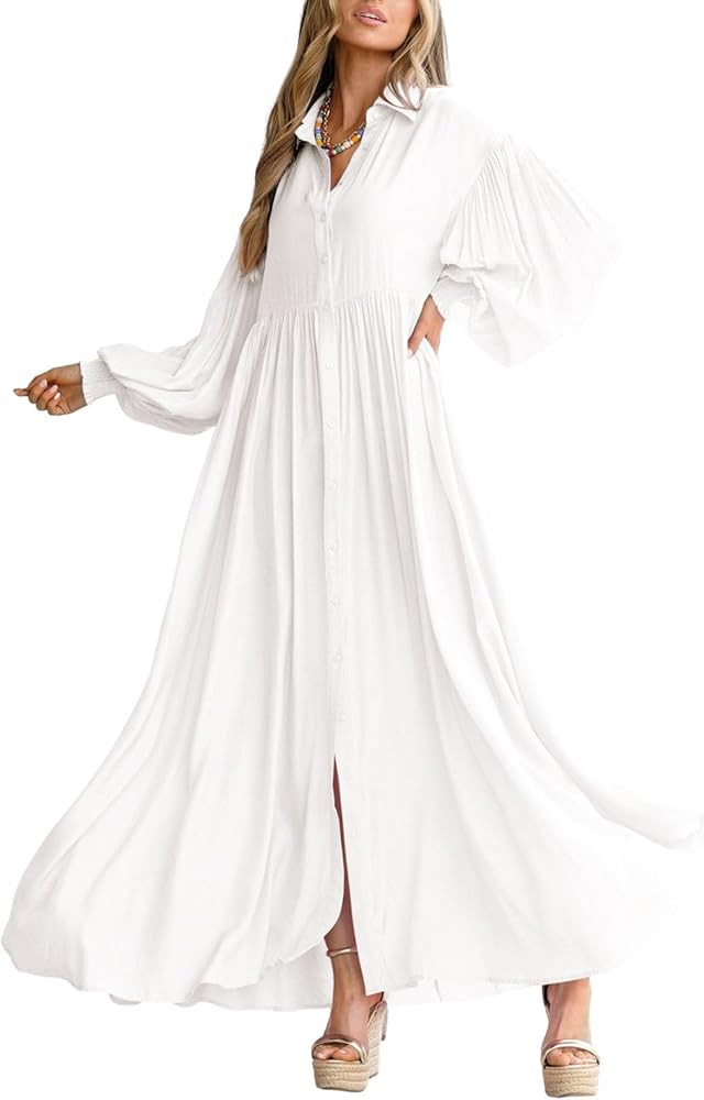 chouyatou Women's Casual Long Sleeve Button Down Shirt Dress Elegant Pleated Flowy Swing Maxi Dre... | Amazon (US)