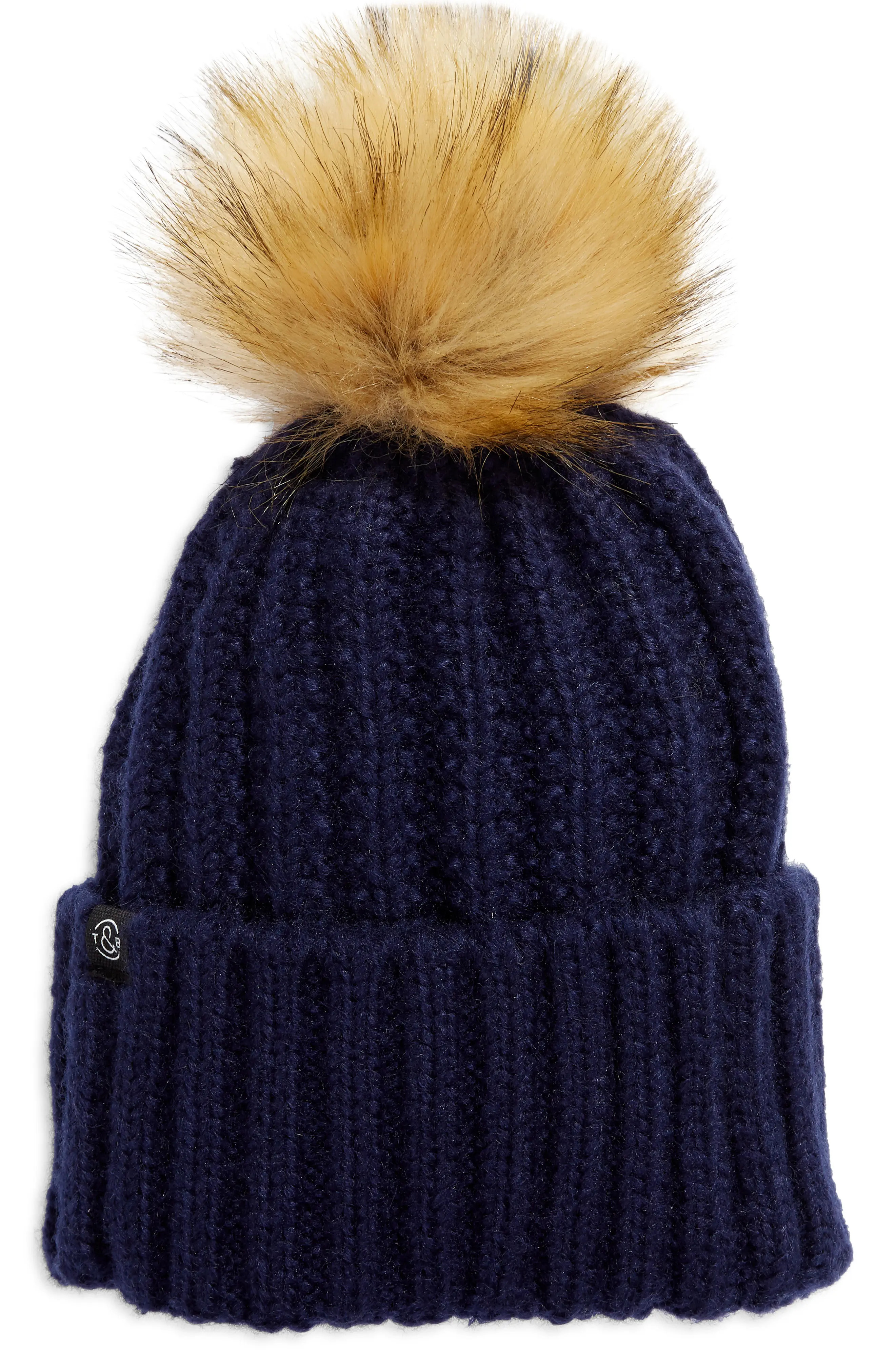 Women's Treasure & Bond Cuffed Beanie With Faux Fur Pom - Blue | Nordstrom