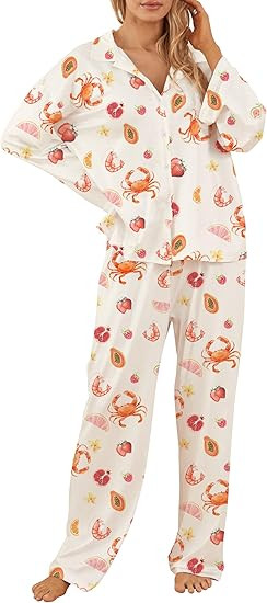 Women Fall Pajamas Set Y2k Button Down Shirts + Pants Cute Pjs Sets Ocean Shell Print Holiday Sle... | Amazon (US)