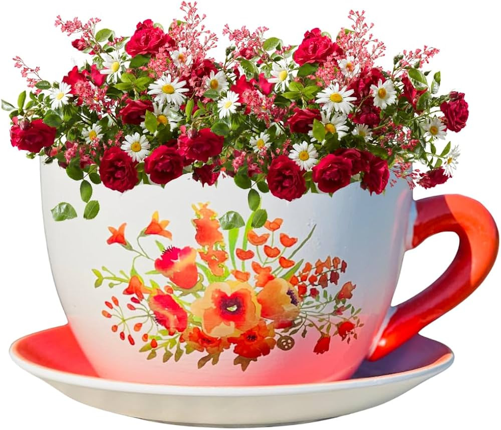 7.5" Round Ceramic Teacup Shape Planter Pot with Saucer for Succulents Orchids Herbs Cactus Indoo... | Amazon (US)
