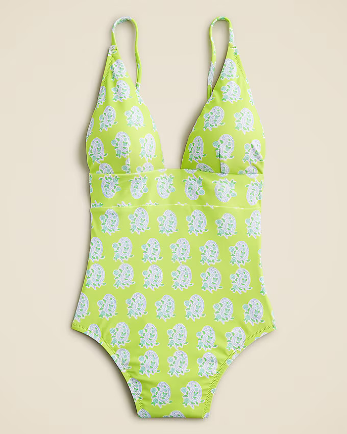 SZ Blockprints™ X J.Crew plunge one-piece swimsuit in green paisley | J. Crew US