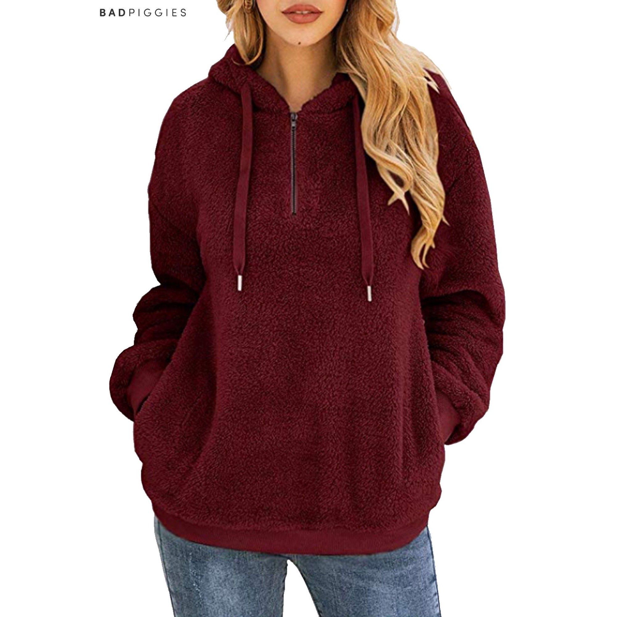 BadPiggies Womens Fuzzy Fleece Sweatshirt Casual Loose Sherpa Pullover Oversized Hoodie with Pock... | Walmart (US)