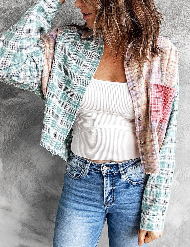 HangNiFang Patchwork Plaid Flannel Shirts for Women Button Up Long Sleeve Tops Blouse | Amazon (US)