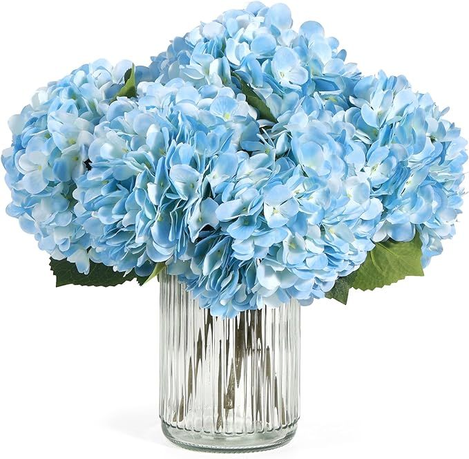 Auihiay 8PCS Blue Hydrangea Artificial Flowers Bouquets, Real Touch Hydrangea with Stems and Leav... | Amazon (US)