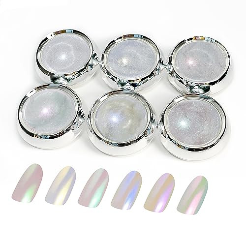 BISHENGYF 6 Pcs White Chrome Powder, Pearl Effect Nail Powder Shell Nail Glitter Dust Nail Powder with Magic Mirror Effect for Nail Art Design Decoration | Amazon (US)