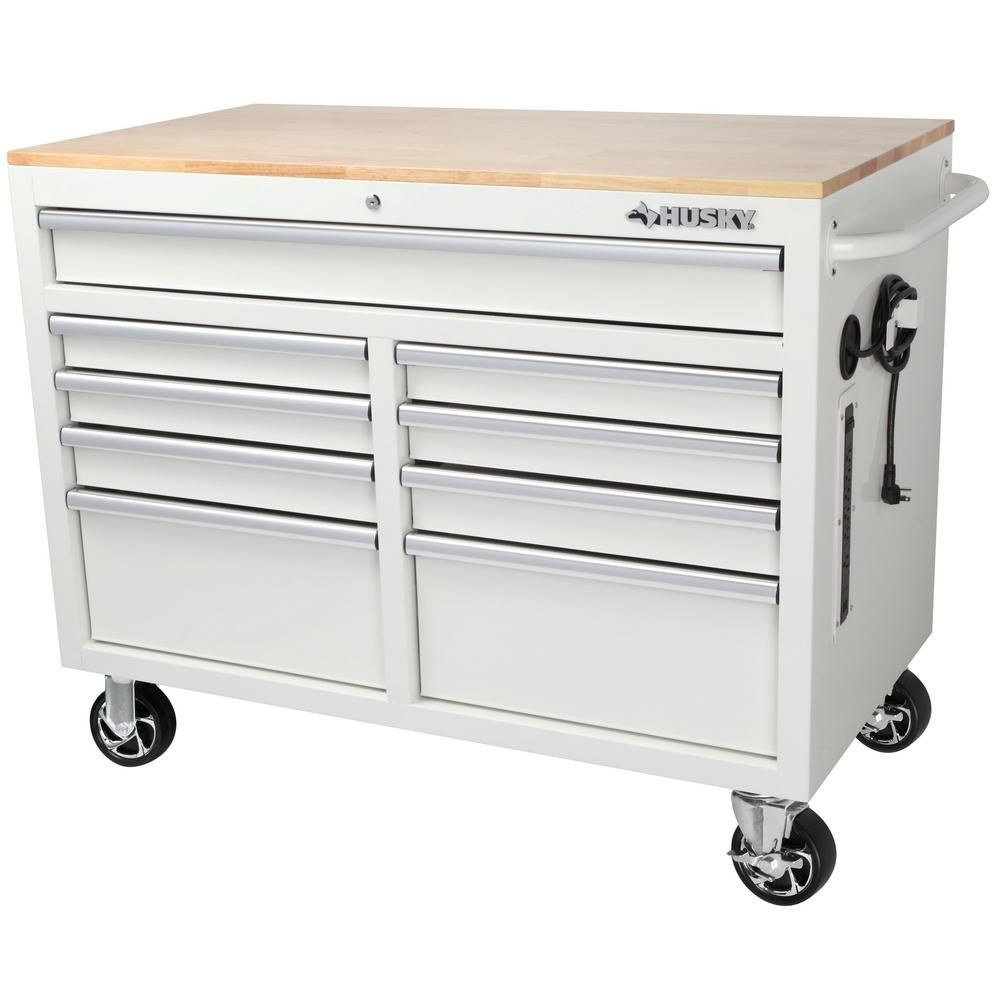 Husky 46 in. W 9-Drawer, Deep Tool Chest Mobile Workbench in Gloss White with Hardwood Top-H46MWC... | The Home Depot