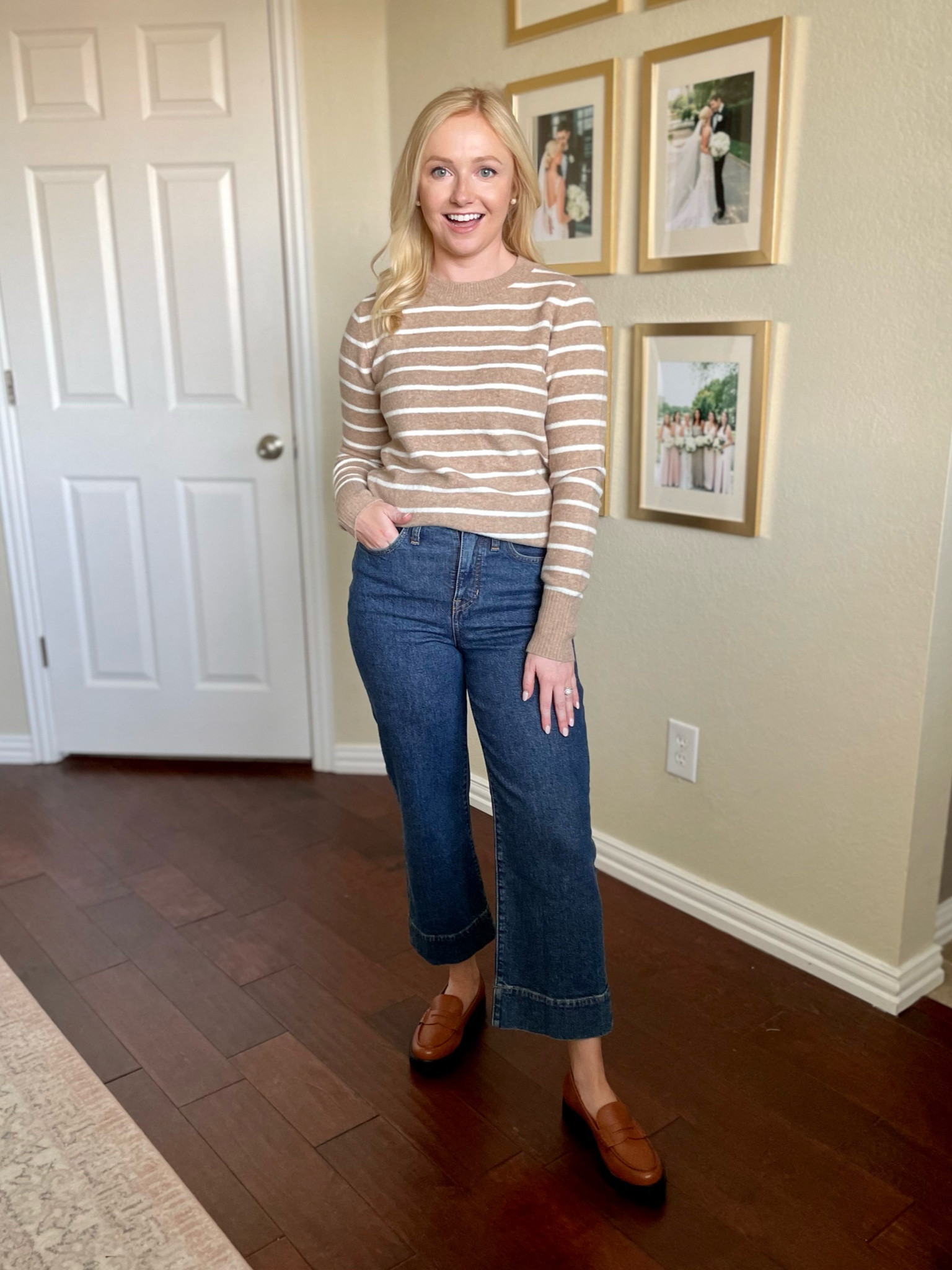 Wearing an XS in sweater and 26P in jeans | striped sweater, cashmere sweater, neutral sweater, fall sweater, fall outfit 

#LTKfindsunder100 #LTKSeasonal #LTKstyletip