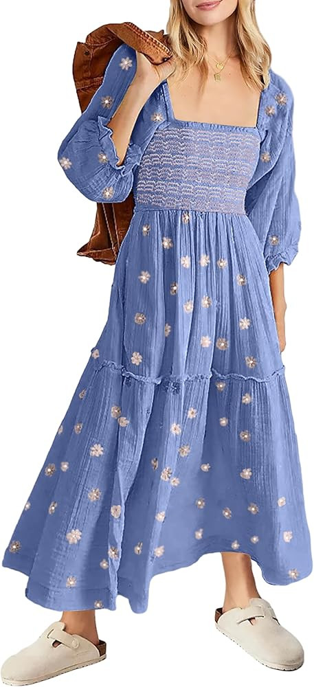 Bairmild Women's Flower Embroidered Maxi Dress Flowy Lantern Puff Sleeve Square Neck Casual Sprin... | Amazon (US)