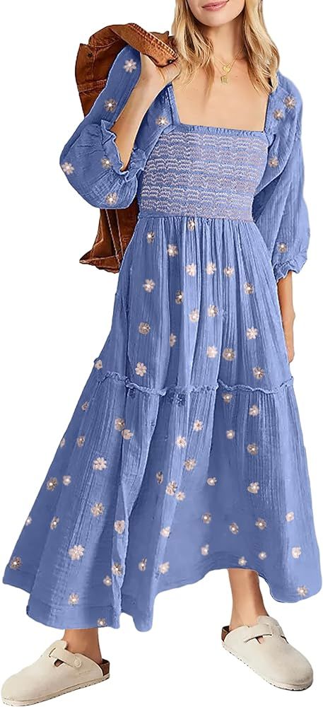 Bairmild Women's Flower Embroidered Maxi Dress Flowy Lantern Puff Sleeve Square Neck Casual Sprin... | Amazon (US)