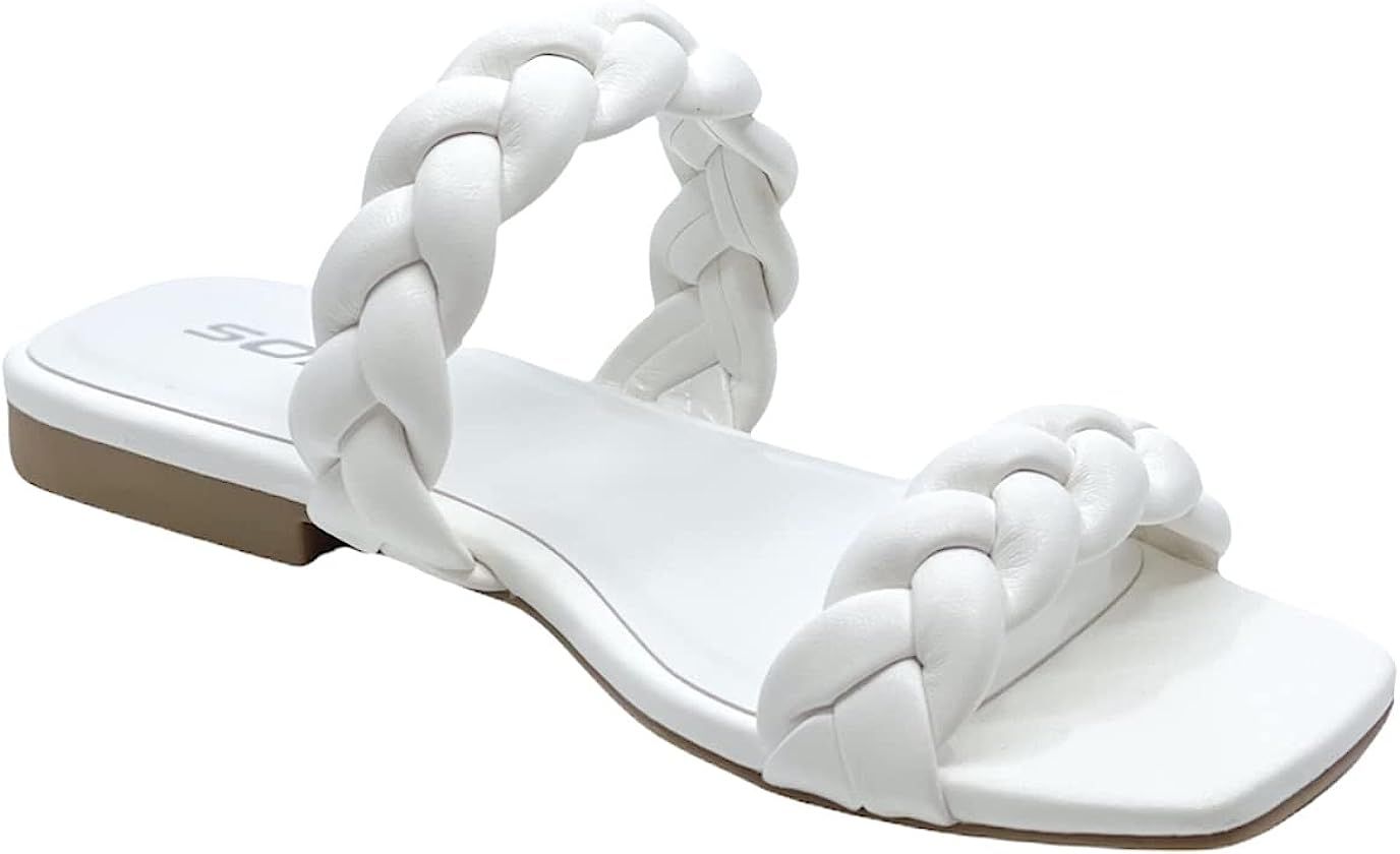 Soda VAULT Women's Square Open Toe Flat Sandals Braided Strap Slip-on Slides Woven Sandals | Amazon (US)