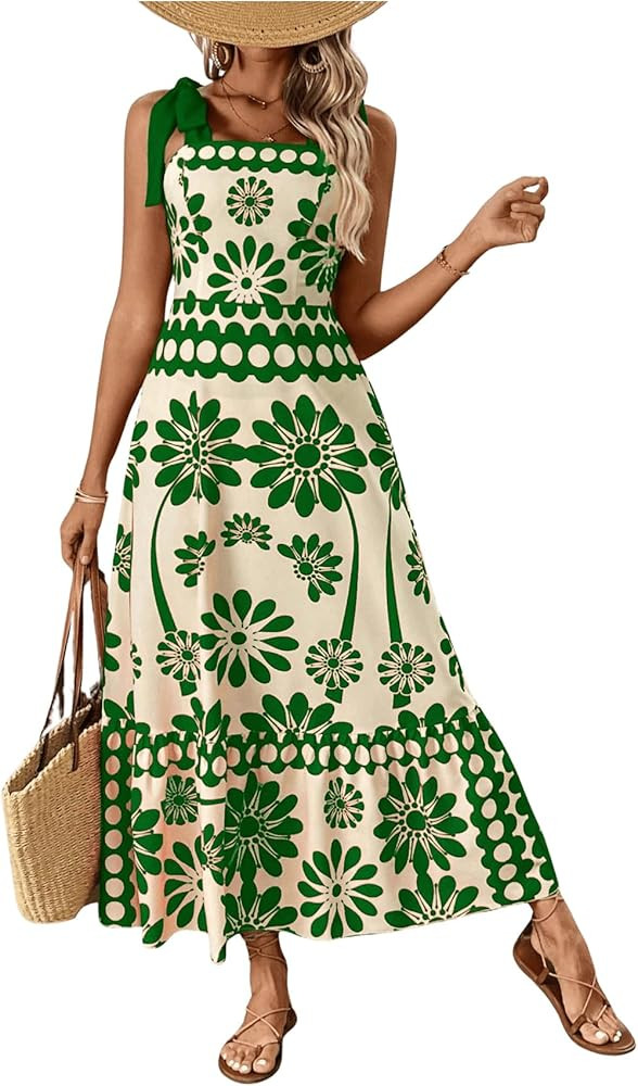 Floerns Women's Vintage Sleeveless Tie Shoulder Sundress Floral Print Cami Maxi Dress | Amazon (US)