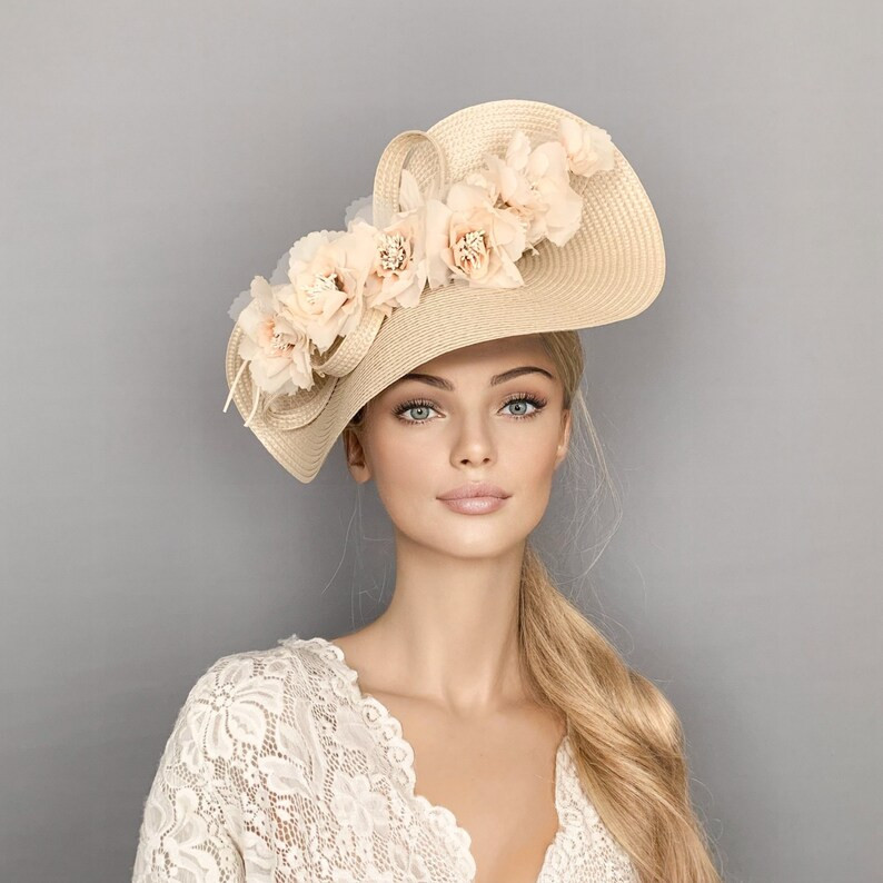 Kentucky derby hat, beige derby hat, floral champagne ascot hat for woman, straw fascinator, wedd... | Etsy (US)