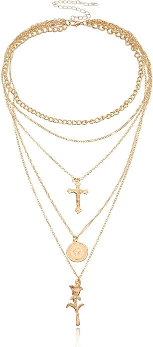 PLOUTOS Cross Coin Rose Layered Multi Chain Choker Necklace Set For Women Rhinestone Gold Silver ... | Amazon (US)