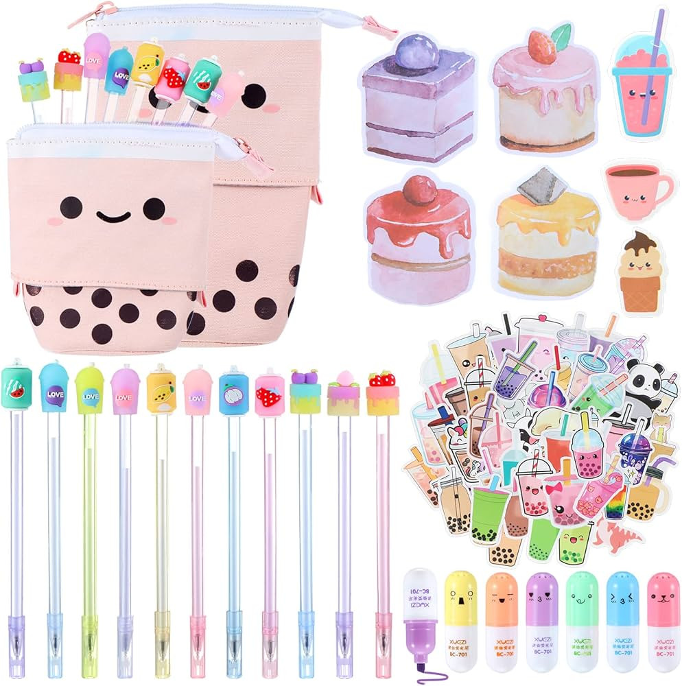 228 Pcs Kawaii Stationary Set Include Telescopic Boba Pencil Pouch Case Bag Gel Ink Pen Sticky No... | Amazon (US)