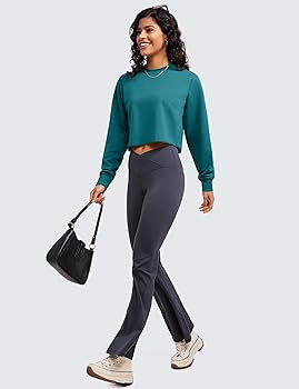 CRZ YOGA Womens Fleece Cropped Sweatshirts Crewneck Long Sleeve Sweat Shirts Double Raw Hem Worko... | Amazon (US)