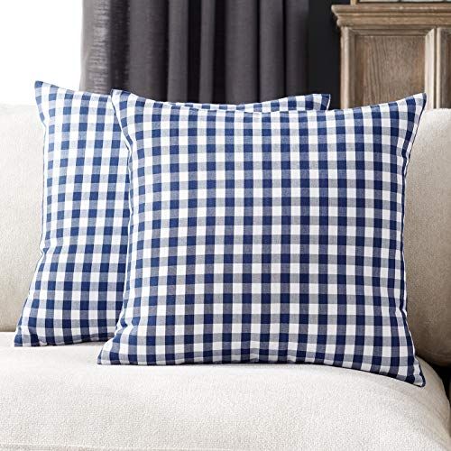 Set of 2 Plaid Throw Pillow Covers 20x20 in, Navy Blue and White Buffalo Farmhouse Decorative Cushio | Amazon (US)