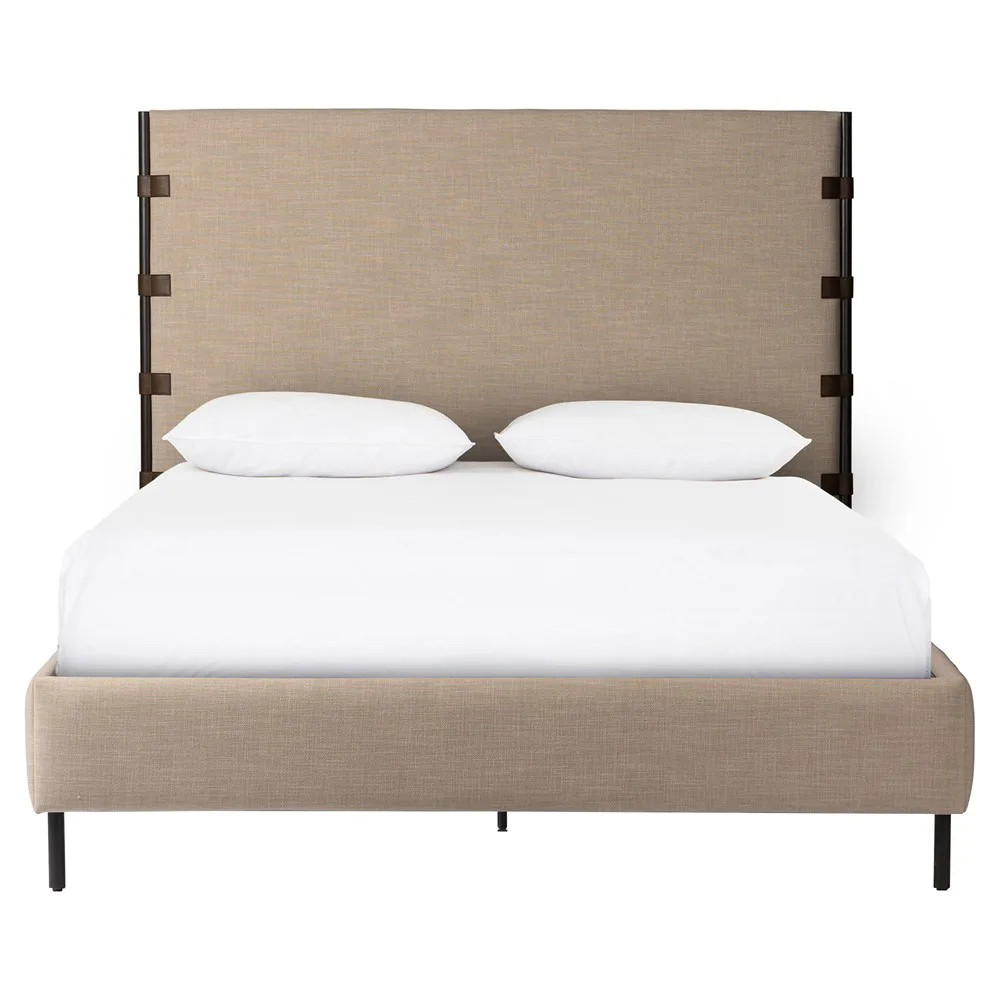 Gerald Modern Classic Beige Performance Waxed Black Iron Bed - Queen | Kathy Kuo Home