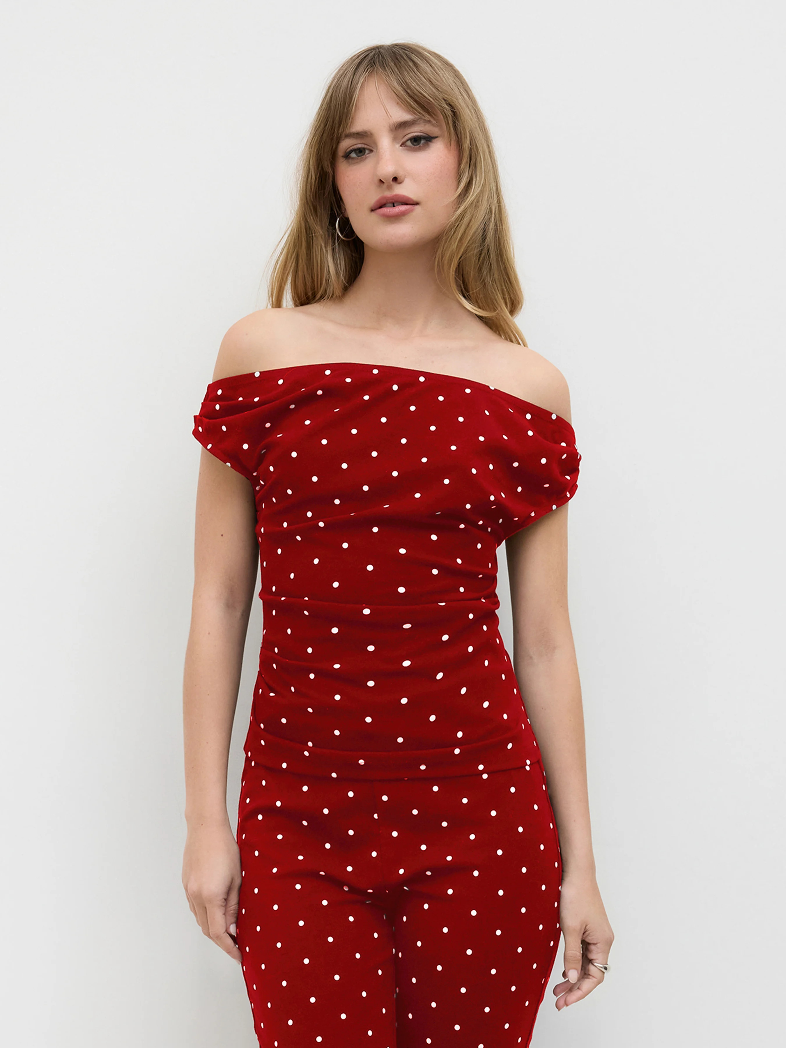 Knit Fabric Polka Dot Ruched Top For Daily Casual | Cider