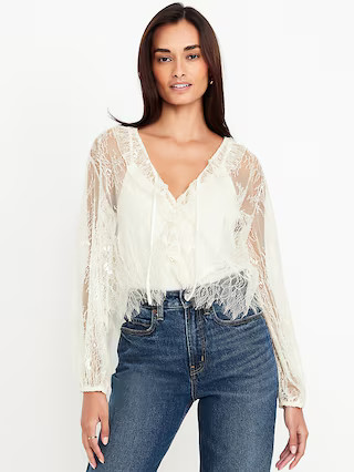 Long-Sleeve Lace V-Neck Lined Top | Old Navy (US)