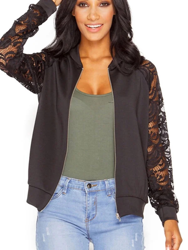Women's Biker Celeb Ladies Lace Crochet Long Sleeve Bomber Coat Jacket Outwear | Walmart (US)