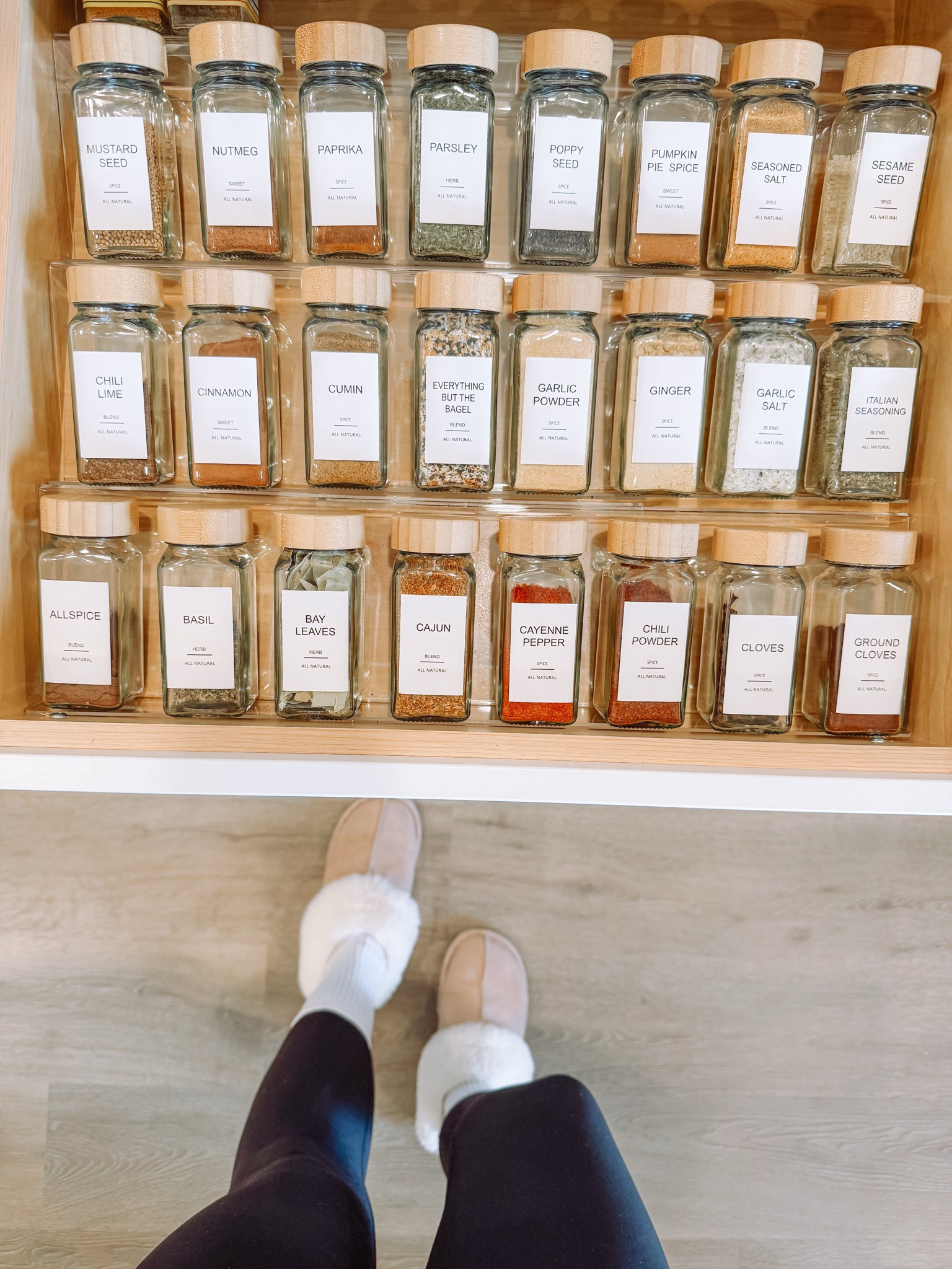 Revamped our spices with these gorgeous glass spice jars. Bamboo lids! Al are customizable to what you use and come with so many stickers! Acrylic risers will fit to your specific sized drawer width! I have the large size. 

Kitchen organization 

#LTKFindsUnder50 #LTKHome #LTKFamily