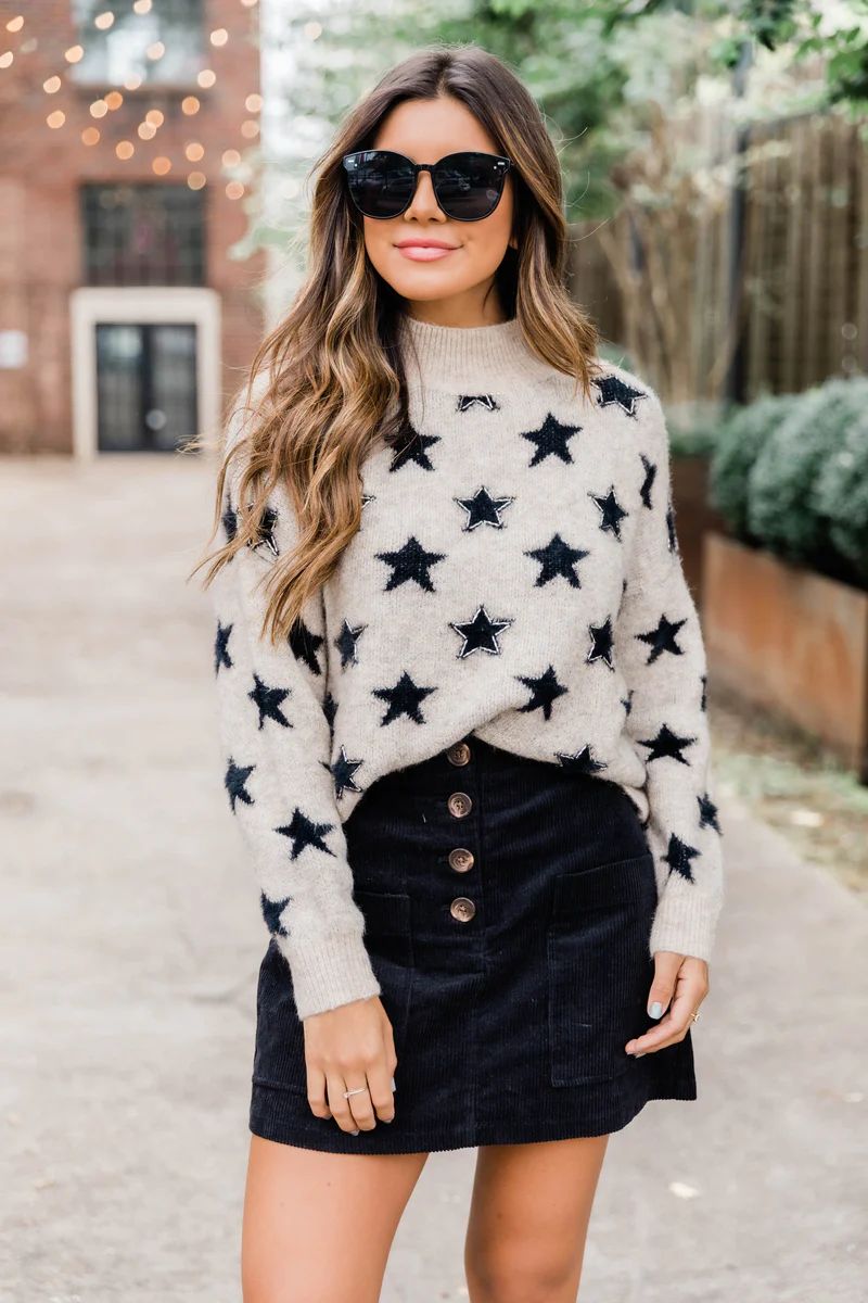 Shine In The Dark Taupe Star Sweater | The Pink Lily Boutique