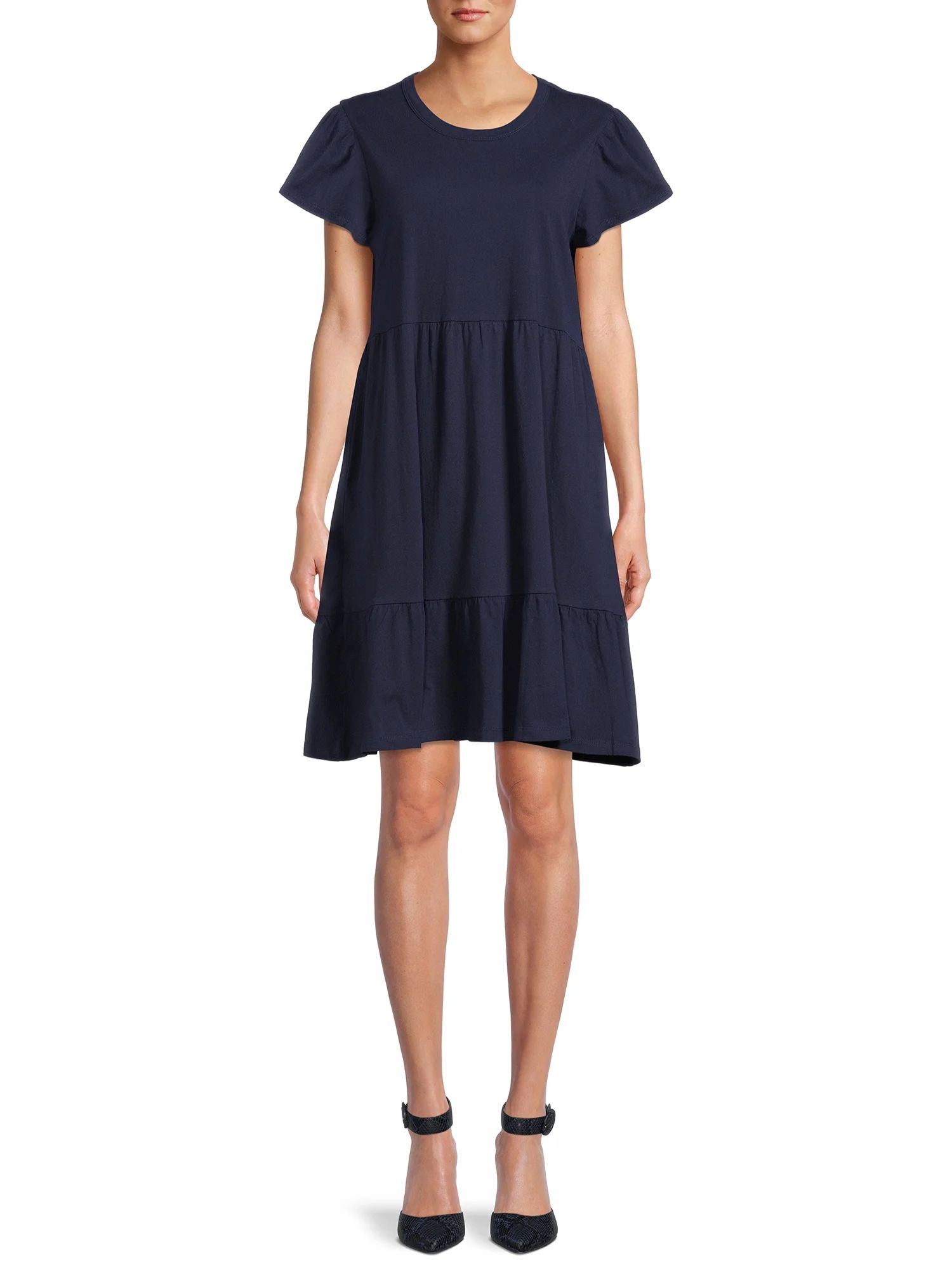 Time and Tru Women's Short Sleeve Tiered Knit Dress with Pockets | Walmart (US)