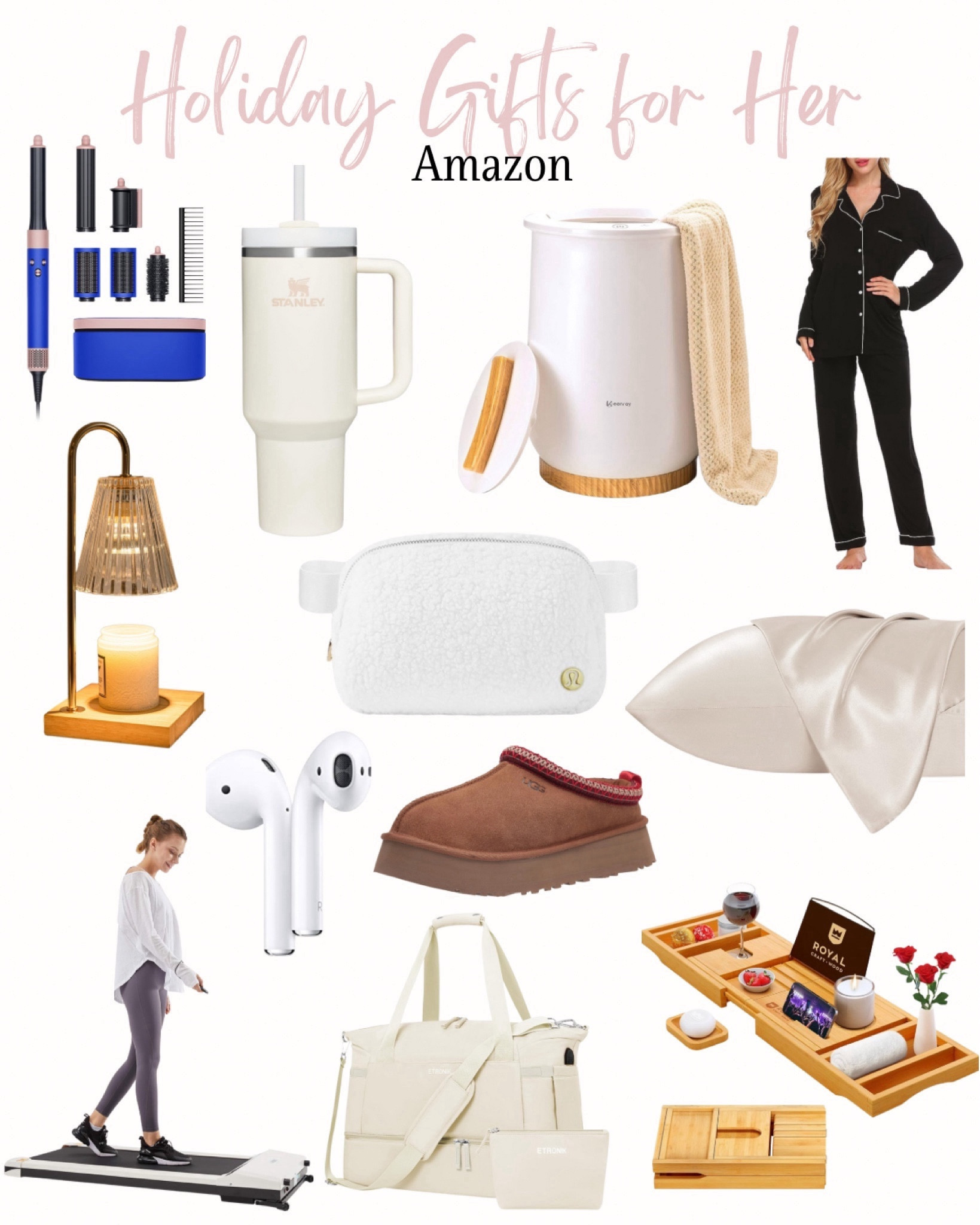 Holiday gifts for her- Amazon! Stanley tumbler, candle lamp warmer, belt bag, towel warmer, bath tub tray, satin pillow case, under desk treadmill, ugg, dyson airwrap, apple airpods, gym bag for women 

#LTKstyletip #LTKGiftGuide #LTKHoliday