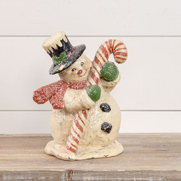 Snowman Figurine With Candy Cane | Antique Farm House