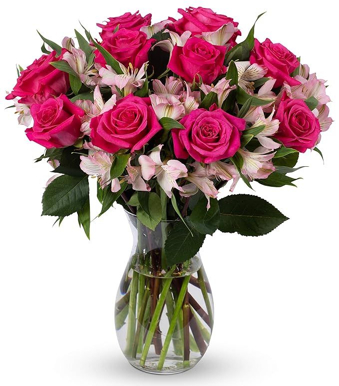 BENCHMARK BOUQUETS - Charming Roses & Alstroemeria (Glass Vase Included), Next-Day Delivery, Gift... | Amazon (US)