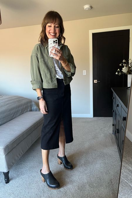 New olive green cropped jacket and graphic tee! Styled them with my black denim skirt and clogs! My church #ootd! 

Old Navy, graphic tee, denim jacket, denim skirt, Kork Ease, Church outfit, 

#LTKworkwear #LTKover40 #LTKstyletip