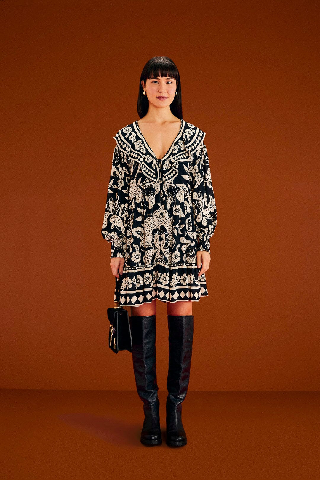 Black Graphic Floral Mini Dress | FarmRio (US)