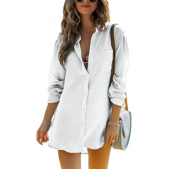 Yskkt Womens Cotton Button Down Shirts Beach Summer Long Sleeve Cover Up Casual Blouse - Walmart.... | Walmart (US)