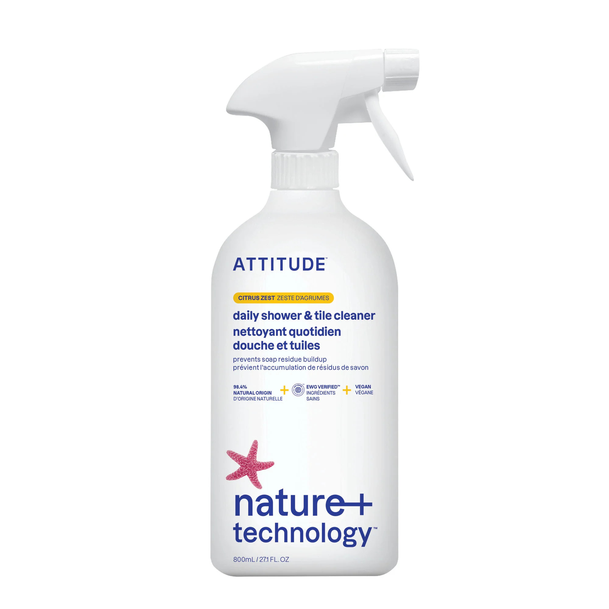 ATTITUDE Shower & Tile Cleaner, EWG Verified, Plant-Based & Vegan Bathroom Spray, Removes Soap Scum & Grime, Citrus Zest Scent, 27.1 Fl Oz | ATTITUDE Living