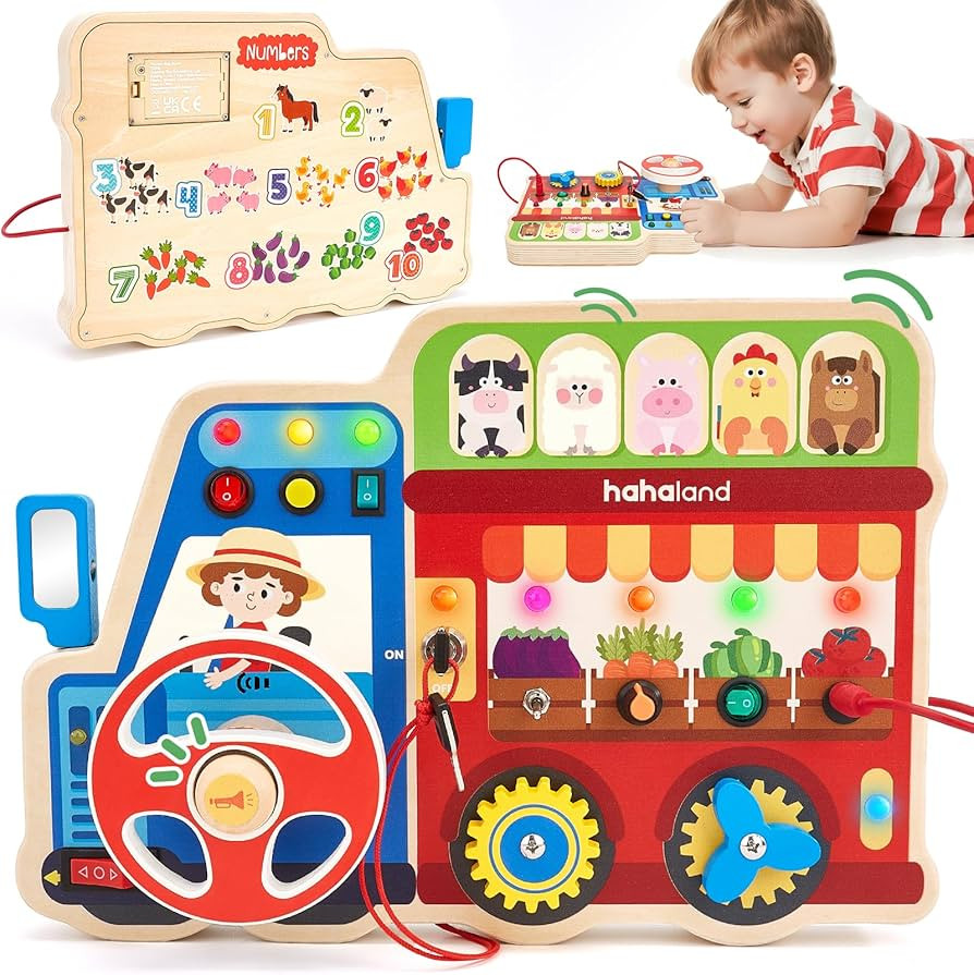 hahaland Montessori Busy Board for Toddlers 3-5, 18-in-1 Wooden Sensory Activity Board with LED L... | Amazon (US)