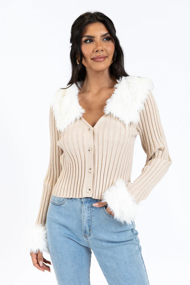 Fake It Until You Make It Beige Faux Fur Trim Cardigan | Pink Lily