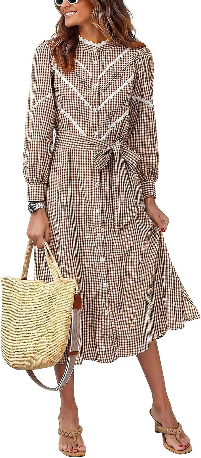 Kedera Womens Casual Mock Neck Gingham Dress Long Balloon Sleeves Button Down Tie Waist Smocked M... | Amazon (US)