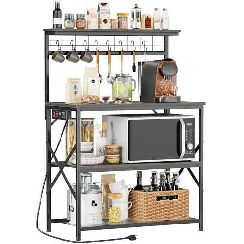 Furologee Kitchen Bakers Rack with Power Outlet,Coffee Stand with Storage 4 Tiers,Coffee Bar Station with a 31.5 Inch Larger Desktop and 8 S Hooks,Kitchen Microwave Rack for Spices,Pots,Black Oak | Amazon (US)