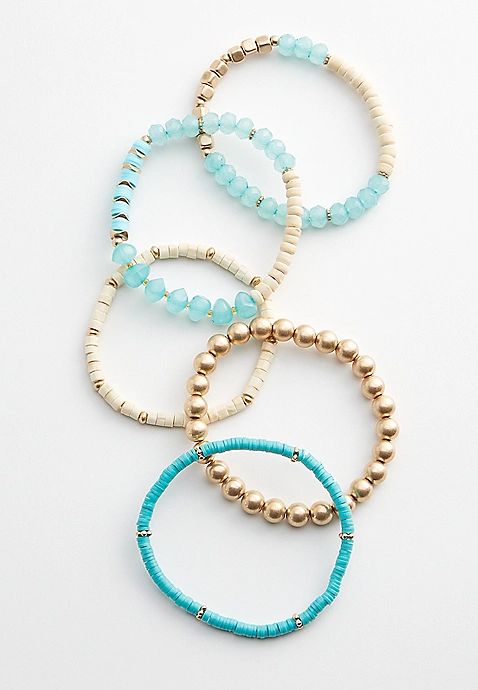 5 Piece Turquoise and Gold Beaded Stretch Bracelet Set | Maurices
